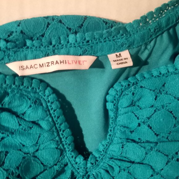 Isaac Mizrahi Knit Lace Top with Ruffle Neck - the color is teal - Picture 5 of 6